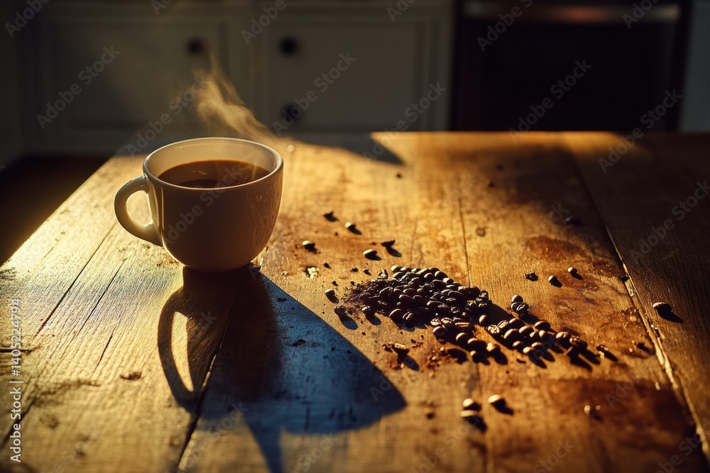 Warm coffee beans and steam on a rustic wooden table.