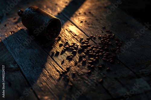Obraz na płótnie Rustic coffee beans scattered on a weathered wooden surface. w salonie