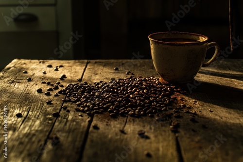 Obraz na płótnie Rustic coffee beans and cup on a weathered wooden table. w salonie