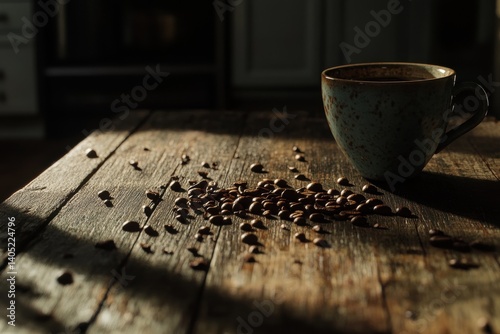 Obraz na płótnie Rustic wooden table with coffee beans and a mug. w salonie