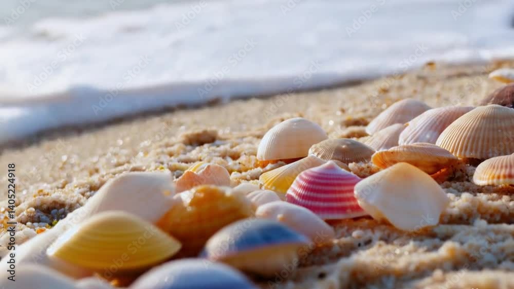seashells on the beach, colorful collection of seashells scattered on a sandy beach near the shoreline, beautiful 4k video