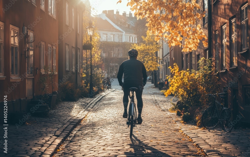 Sunlight streams through a cobbled European street, showcasing a cyclist.