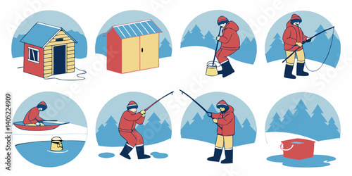 Cartoon Ice Fishing Steps Guide Winter Hut Rod Bucket