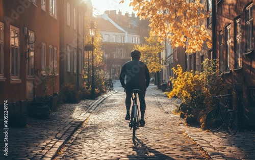 Obraz na płótnie Sunlight streams through a cobbled European street, showcasing a cyclist. w salonie