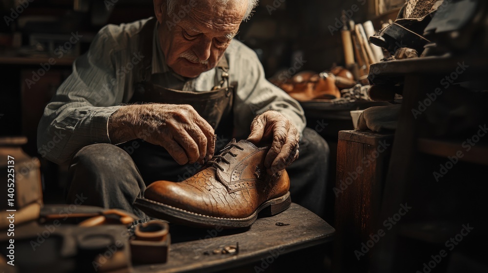 Expert cobbler meticulously repairs a leather shoe.