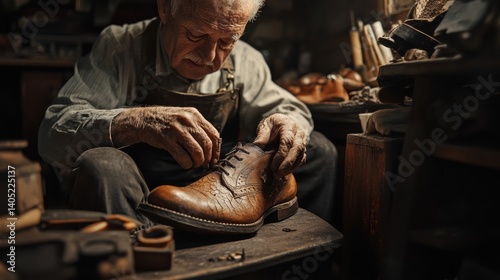 Obraz na płótnie Expert cobbler meticulously repairs a leather shoe. w salonie