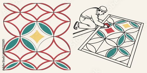 Geometric Circle Diamond Tile Pattern - Red Green Yellow Beige Home Decor Installation