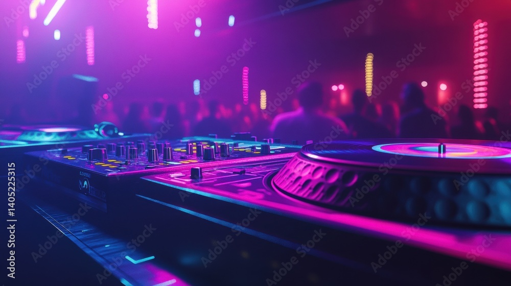 Electronic music equipment at a vibrant nightclub.