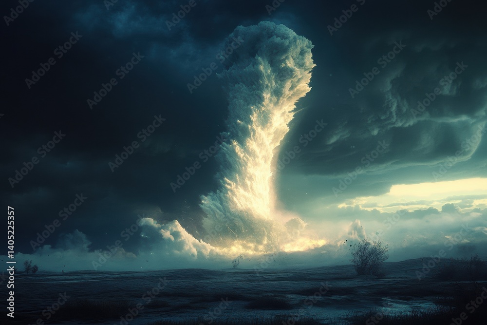 Illuminated, ethereal cloud formation ascends amidst ominous storm clouds.