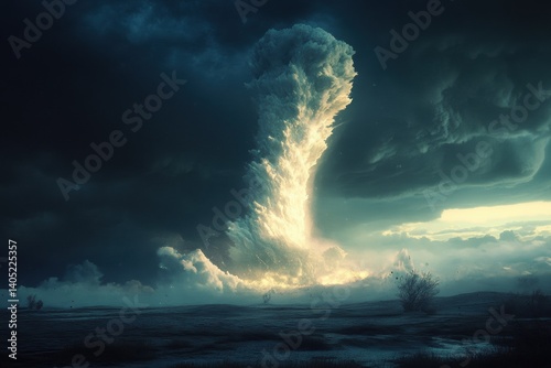 Obraz na płótnie Illuminated, ethereal cloud formation ascends amidst ominous storm clouds. w salonie