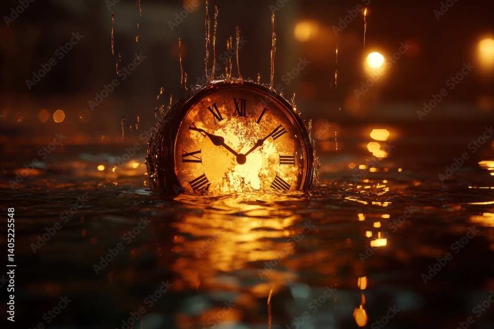 Timepiece submerged in a stormy night.