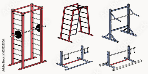 Isometric 3D Render of Gym Equipment: Squat Rack, Pull-up Bar, Wall Bars, and Fitness Machines