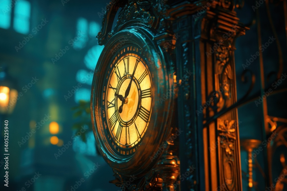 Ornate antique clock in a dimly lit, fantasy setting.