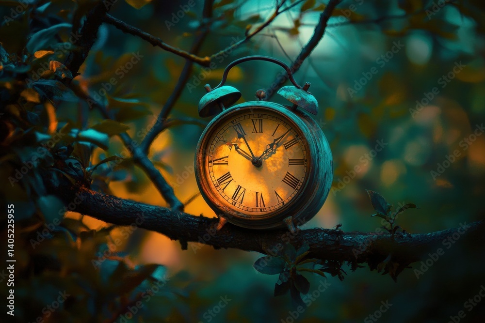 Vintage alarm clock suspended from a branch, bathed in warm twilight hues.