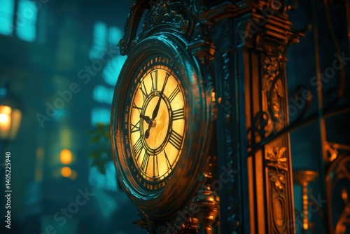 Obraz na płótnie Ornate antique clock in a dimly lit, fantasy setting. w salonie