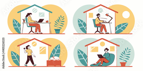 Flat Design Vector Illustrations of Work From Home Remote Work Home Lifestyle Activities