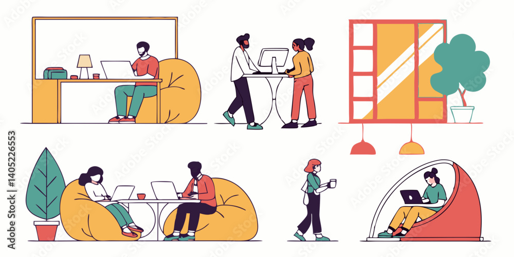 Fototapeta premium Modern Coworking Office Space Vector Illustration Diverse People Working Laptops Desks Bean Bags Standing Desk Flexible Work Environment