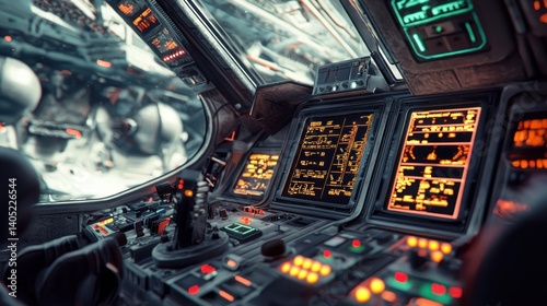 Fototapeta Naklejka Na Ścianę i Meble -  Futuristic Spaceship Cockpit Interior: A Glimpse into the Future of Space Exploration