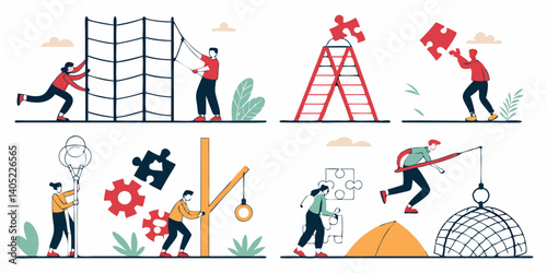 Business Teamwork Collaboration Problem Solving Scenes Flat Vector Art