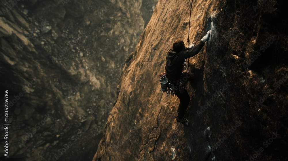 Climber ascends a rugged, rocky face.