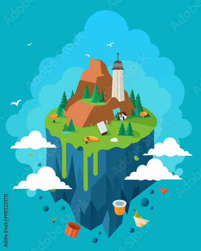 The air is thick with the pungent smell of decay and rot as Trash Island grows in both size and infamy.. Vector illustration