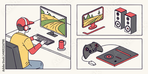 Cartoon Isometric Vector Art Gamer Playing Computer Game Setup Monitor Keyboard Mouse Headphones Controller Speakers