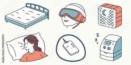 Cartoon Illustration of Sleep Aids and Technology: Bedroom Setup with Bed, Sleep Mask, CPAP Machine, Air Purifier, and Sleep Tracker for Restful Sleep