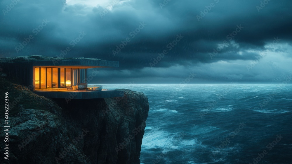 Cliffside dwelling illuminated by stormy sea.
