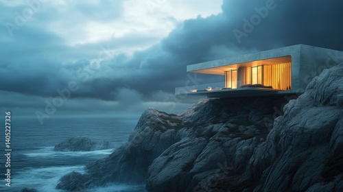 Obraz na płótnie Coastal clifftop house at twilight, a dramatic seascape. w salonie