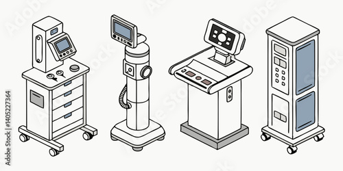 Isometric Line Art of Medical Devices Hospital Equipment on Wheels Healthcare Technology Illustration for Medical Professionals and Hospitals Line Drawing