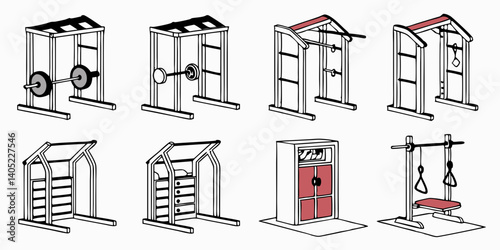 Gym Equipment Illustrations: Smith Machine, Power Rack, Squat Rack, Cable Machine, Lat Pulldown, Dip Bar, Pull-Up Bar - Line Art Fitness Machines for Strength Training and Workout