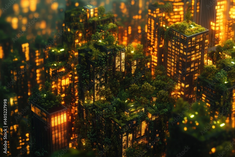 Urban jungle cityscape, illuminated by glowing lights.