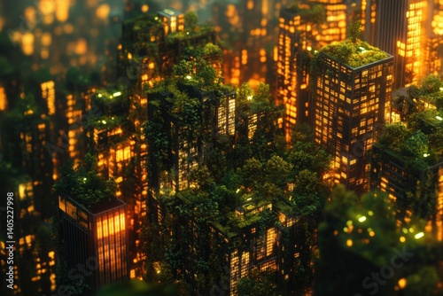 Urban jungle cityscape, illuminated by glowing lights.
