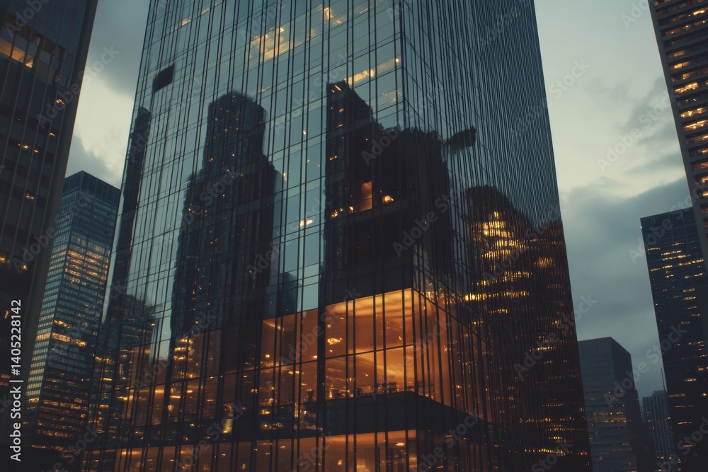 Urban skyscrapers reflecting city lights at twilight.