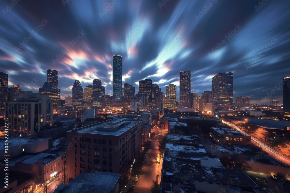 Houston skyline ablaze with vibrant twilight hues.