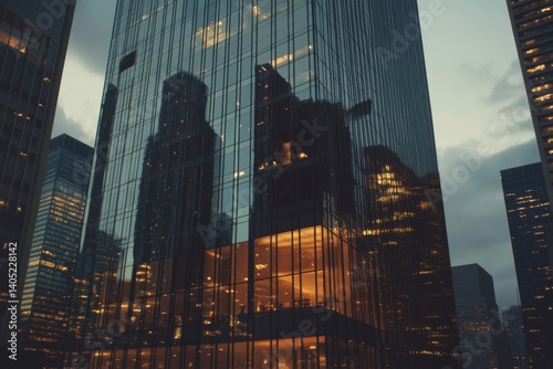 Urban skyscrapers reflecting city lights at twilight.