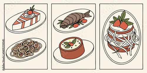 Line Art Food Illustrations: Cake, Pasta, Fish, Casserole Dishes