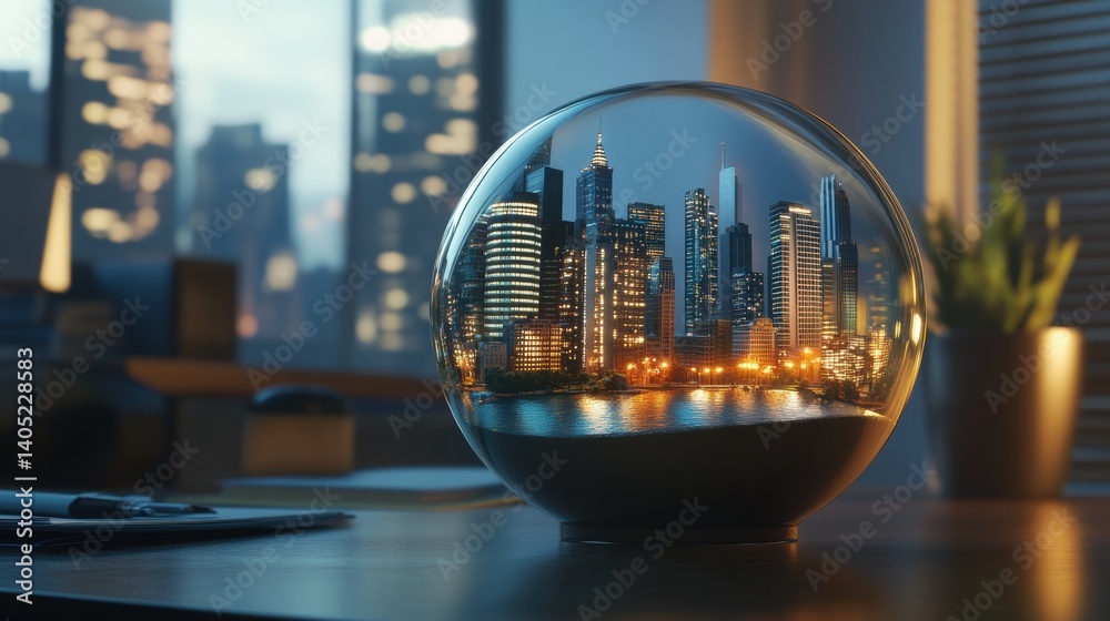 Illuminated cityscape reflected within a crystal sphere on a desk.