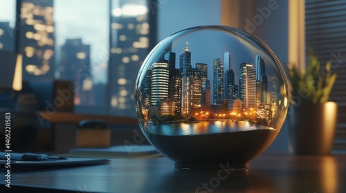 Obraz na płótnie Illuminated cityscape reflected within a crystal sphere on a desk. w salonie