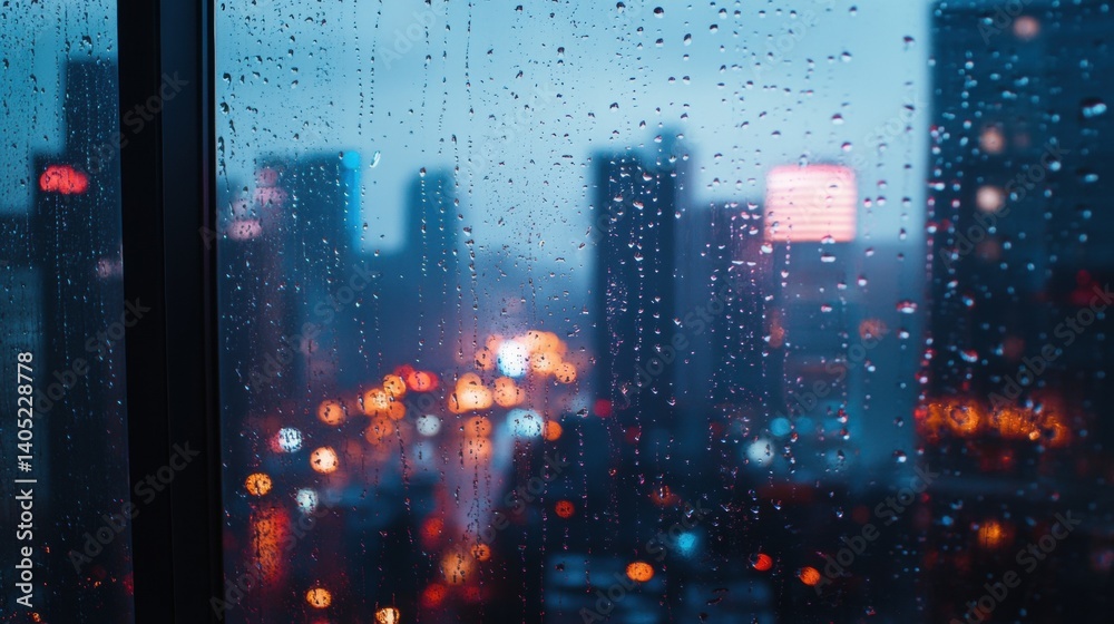 Cityscape view through a rain-streaked window at night.