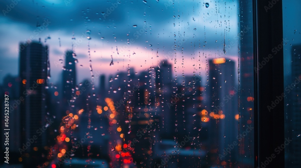 Cityscape viewed through a rain-streaked window at dusk.