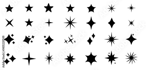 Stars icon collection. Different star shapes. Black stars icon set. Sparkle star icon set. Falling stars . Vector illustration
