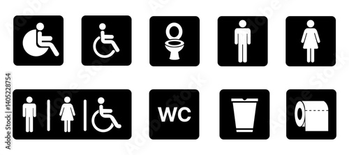 WC icons set. Toilet sign. Man, woman and handicapped silhouettes collection. Male and female restroom.