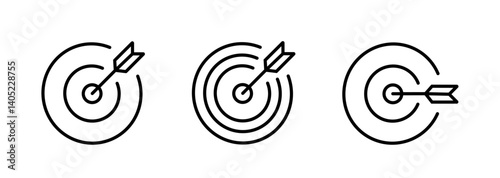 Target icon. Target with arrow icon set. Arrow hits the target. Archery target with arrow. Vector illustration
