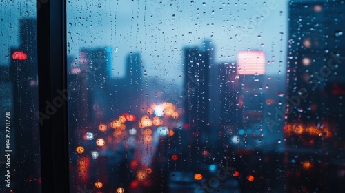 Obraz na płótnie Cityscape view through a rain-streaked window at night. w salonie