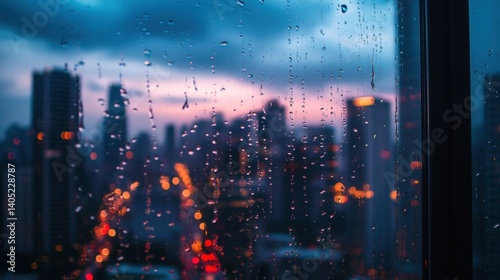 Obraz na płótnie Cityscape viewed through a rain-streaked window at dusk. w salonie