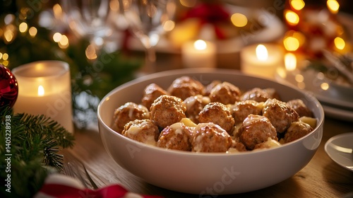 A Serene and Cheerful Holiday Table Setting Featuring Swedish Meatballs and a Beautifully Warm Christmas Ambiance