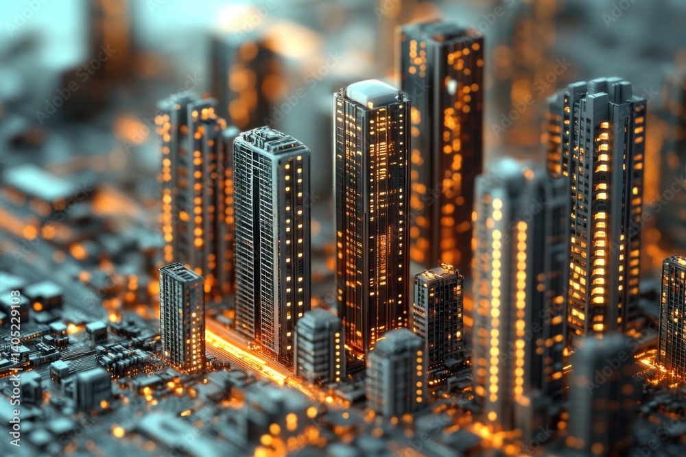 High-tech cityscape model, illuminated at night.