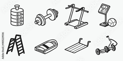 Black and White Fitness Equipment Icons: Line Art of Dumbbell, Treadmill, Weights, Scale, Ladder, Sled, Sit-Up Bench, Ab Roller - Gym Workout Clipart