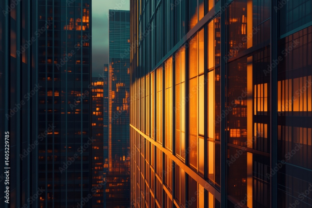 City skyline at dusk, reflecting golden light in modern architecture.